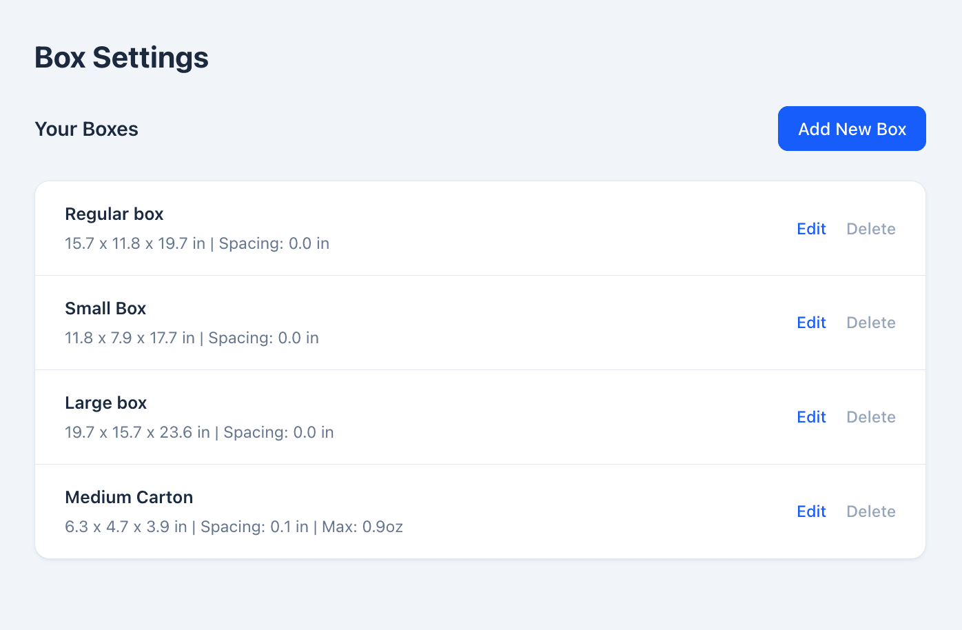 Packwell box catalog UI showing available shipping boxes