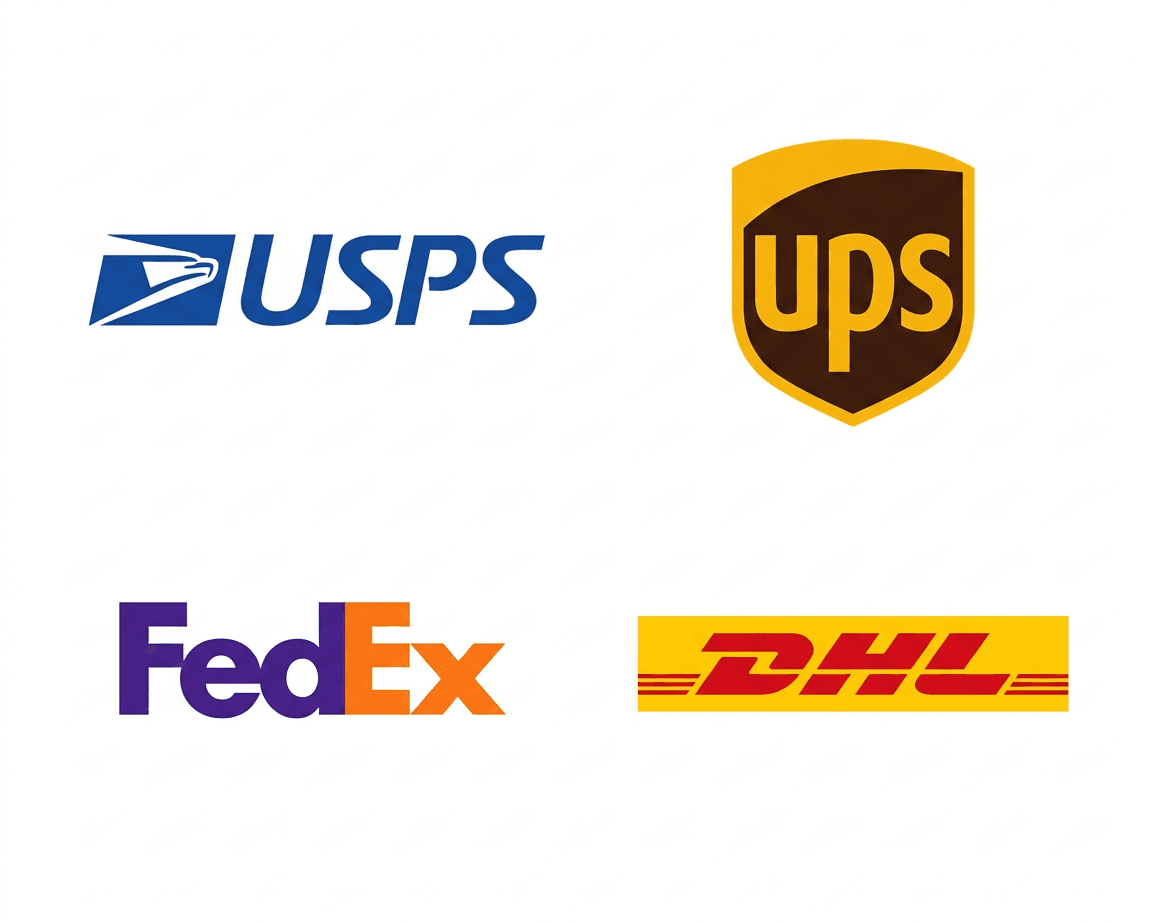 USPS, UPS, FedEx, and DHL carrier logos