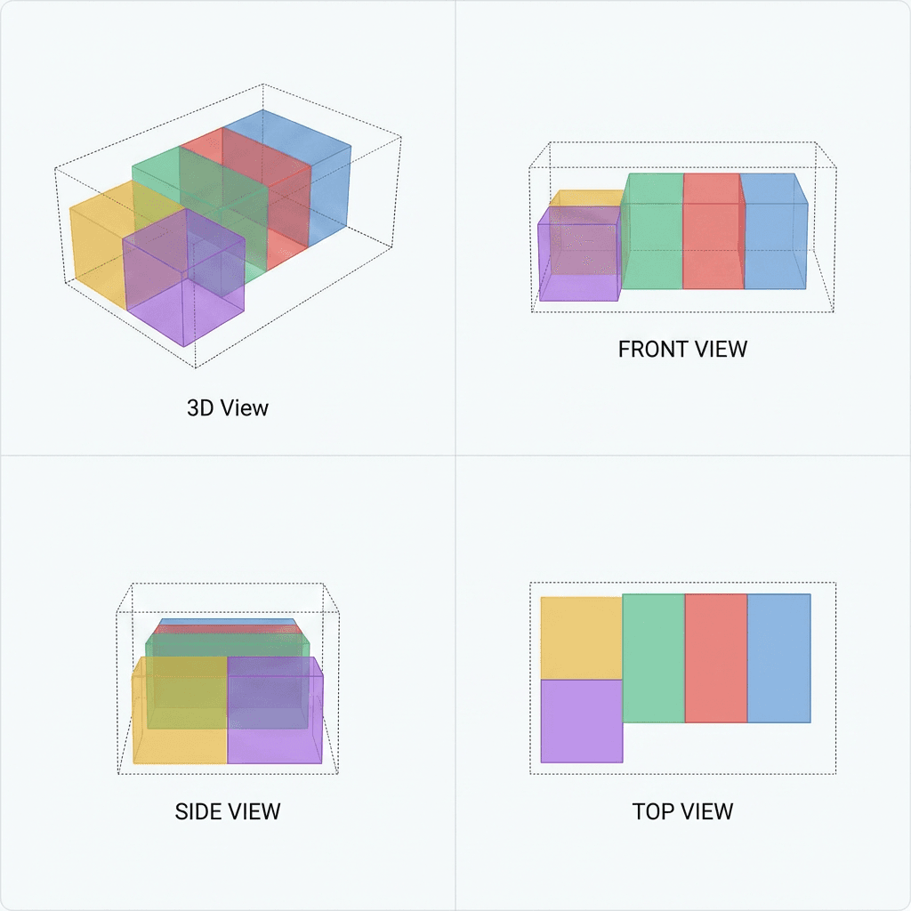 Packing instruction visualization with 3D, front, side, and top views