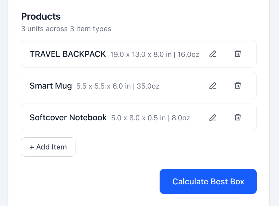 Packwell shipment details UI with item dimensions and weights